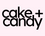 Black 'cake + candy' text on a pink gradient background